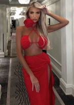 Women Sexy Tie-Wrap Chest Solid Top And Slit Skirt Two-piece Set Women Sexy Tie-Wrap Chest Solid Top And Slit Skirt Two-piece Set