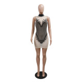 Women Round Neck Sleeveless See-Through Sequined Bodycon Sexy Dress