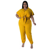 Plus Size Women Summer Button Tie Solid Top And Pant Casual Two-piece Set