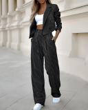 Women Casual Striped Turndown Collar Crop Blazer Straight Leg Pants Two-Piece Set