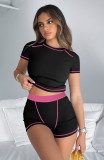 Women Casual Ribbed Contrast Color Short Sleeve Top and Shorts Two-piece Set