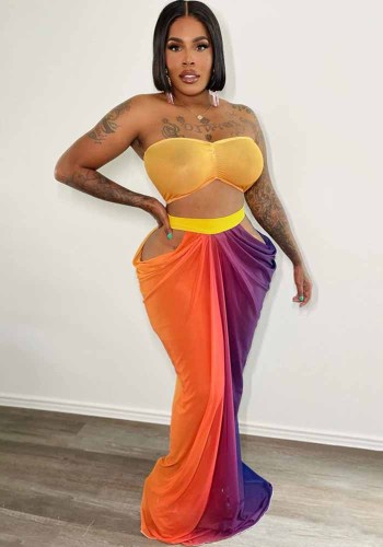 Women Beach Printed Strapless Top and Skirt Two-piece Set