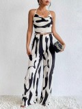 Women Summer Printed Halter Neck Wide Leg Pants Casual Two-piece Set