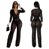 Women Lace Patchwork Long Sleeve Jumpsuit