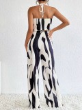 Women Summer Printed Halter Neck Wide Leg Pants Casual Two-piece Set