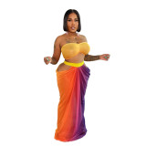 Women Beach Printed Strapless Top and Skirt Two-piece Set