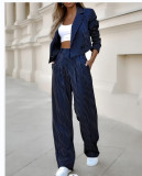 Women Casual Striped Turndown Collar Crop Blazer Straight Leg Pants Two-Piece Set