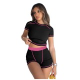 Women Casual Ribbed Contrast Color Short Sleeve Top and Shorts Two-piece Set
