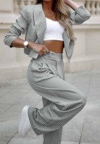 Women Casual Striped Turndown Collar Crop Blazer Straight Leg Pants Two-Piece Set
