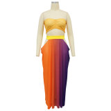 Women Beach Printed Strapless Top and Skirt Two-piece Set