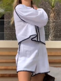 Women Round Neck Long Sleeve Top And Shorts Two-piece Set