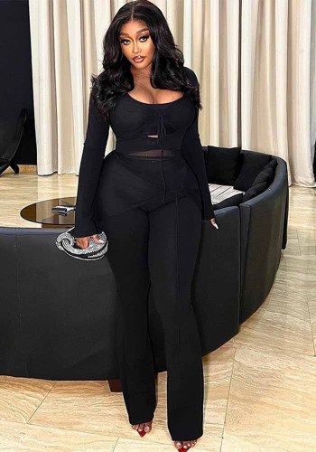 Women Solid Casual Mesh Patchwork Long Sleeve Top and Pants Two-piece Set