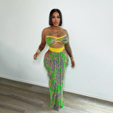 Women Beach Printed Strapless Top and Skirt Two-piece Set