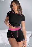 Women Casual Ribbed Contrast Color Short Sleeve Top and Shorts Two-piece Set