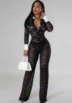 Women Lace Patchwork Long Sleeve Jumpsuit