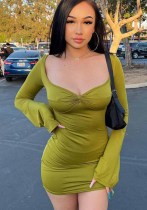 Women U Neck Bell Bottom Long Sleeve Bodycon Solid Pleated Dress Women U Neck Bell Bottom Long Sleeve Bodycon Solid Pleated Dress