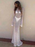 Women Summer Knitting Long Sleeve Backless See-Through Maxi Dress
