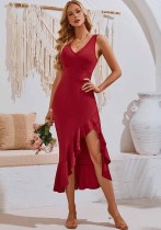 Women summer v-neck sleeveless ruffle dress