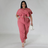 Plus Size Women Summer Button Tie Solid Top And Pant Casual Two-piece Set