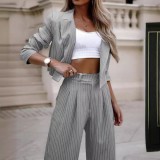 Women Casual Striped Turndown Collar Crop Blazer Straight Leg Pants Two-Piece Set
