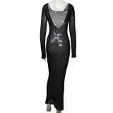 Women Summer See-Through Sexy Holidays Backless Solid Long Sleeve knitting Maxi Dress