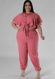 Plus Size Women Summer Button Tie Solid Top And Pant Casual Two-piece Set