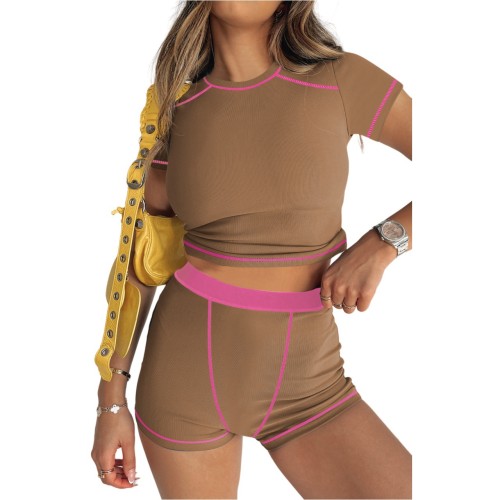 Women Casual Ribbed Contrast Color Short Sleeve Top and Shorts Two-piece Set