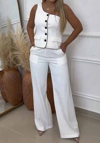 Women Solid One Shoulder Sleeveless Top And Wide Leg Pants Two Piece Set