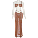 Summer Sexy See-Through Lace-Up Bra Low Waist Slim Skirt Two Piece Set