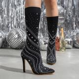 Stiletto Pointed Chic Rhinestone Fashion Nightclub Sexy Elastic Short Boots