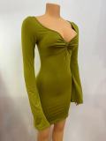 Women U Neck Bell Bottom Long Sleeve Bodycon Solid Pleated Dress