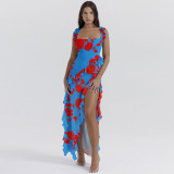Sexy Printed Ruffle Strap Slit Long Dress