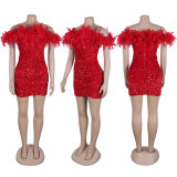 Sexy Sequin Feather Off Shoulder Bodycon Dress