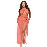 Sexy Halter Neck Mesh Slim High Slit Fashion Solid Color Long Dress