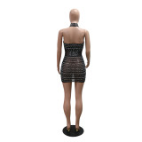 Beaded See-Through Sexy Mesh Halter Neck Fashion Club Dress