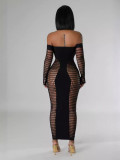 Off Shoulder Long Sleeve Stretch See Through Sexy Dress