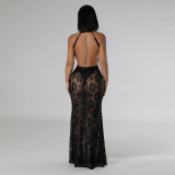 Sexy Fashion Halter Neck See Through Lace Low Back Slim Nightclub Long Dress