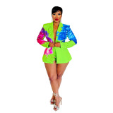 Women's Fashion Casual Collar Printed Blazer Shorts Two Piece Suit