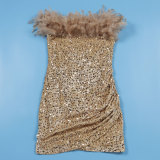 Sexy Sequin Feather Off Shoulder Bodycon Dress