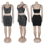 Beaded Elastic Strap Crop Top Bodycon Skirt Two Piece Set