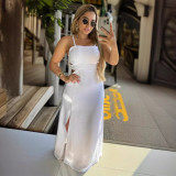 Solid Color Strap Backless Lace-Up Slit Long Dress