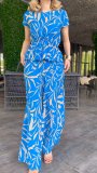 Women's Spring Summer Fashion Print Lace-Up Waist Top High Waist Wide Leg Pants Two-Piece Set