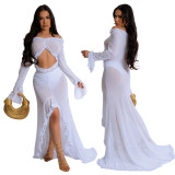 Solid Color See-Through Off Shoulder Long-Sleeved Sexy Long Dress