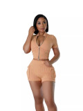 Female Fashion Two-Way Zipper Casual Solid Color Short Sleeve Two Piece Shorts Set