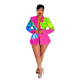 Women's Fashion Casual Collar Printed Blazer Shorts Two Piece Suit