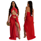 Sexy Halter Neck Mesh Slim High Slit Fashion Solid Color Long Dress