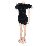 Sexy Sequin Feather Off Shoulder Bodycon Dress