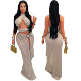 Sexy Halter Neck Mesh Slim High Slit Fashion Solid Color Long Dress