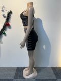 Beaded Elastic Strap Crop Top Bodycon Skirt Two Piece Set