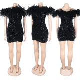 Sexy Sequin Feather Off Shoulder Bodycon Dress